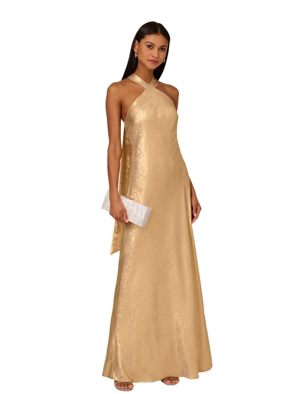 Adrianna Papell Metallic Gold Evening Folied-Chiffon Halter Gown Size 6